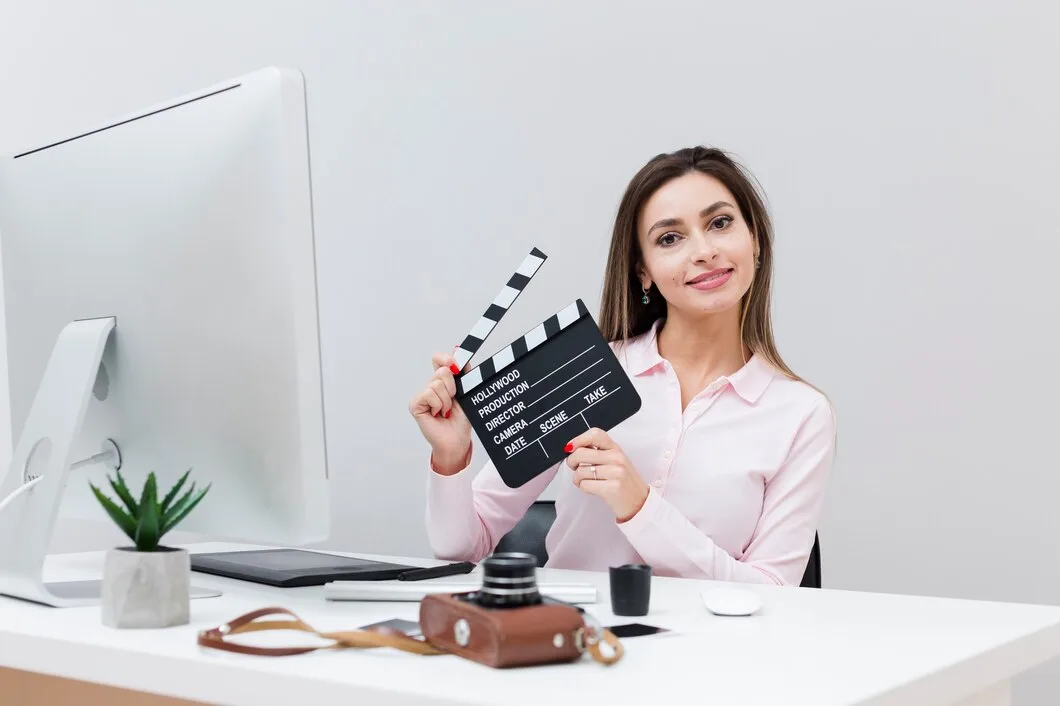 Guia Completo para Transformar seu Conteúdo com Vídeos Imersivos Vista frontal da mulher na mesa posando com uma claquete