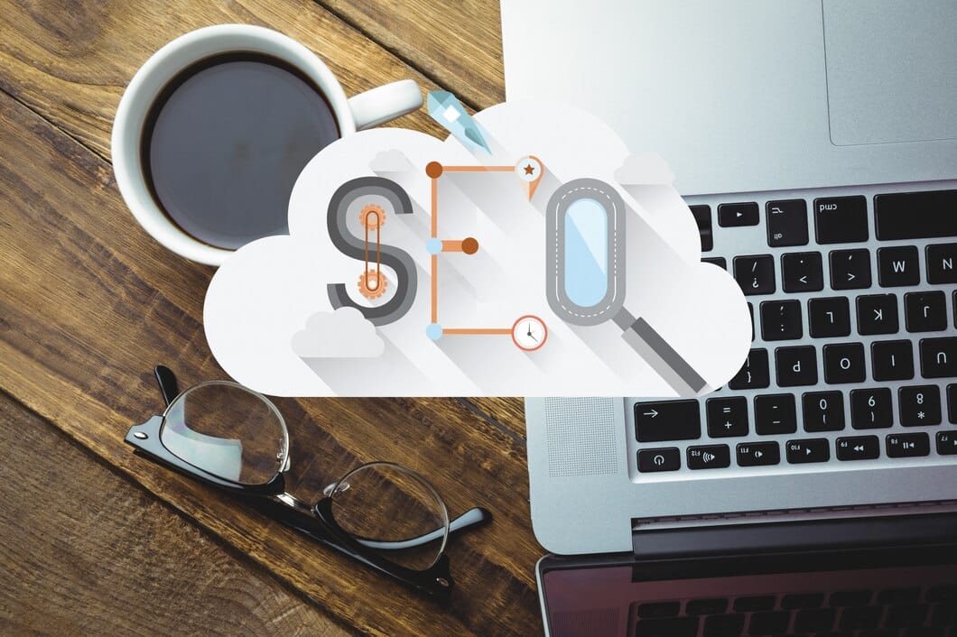 Redução de custos com anúncios pagos Vista de cima da nuvem com a palavra seo
