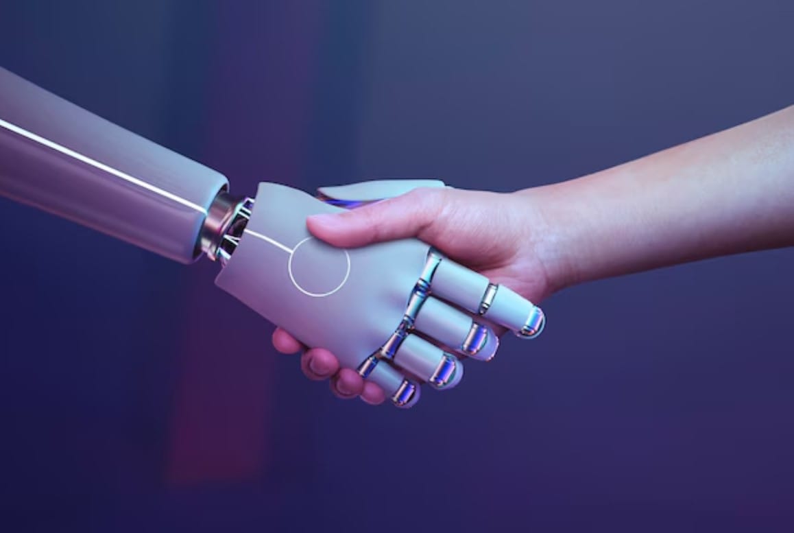 Os limites da IA no marketing de conteúdo: humanização é fundamental Fundo humano do aperto de mão do robô, era digital futurista