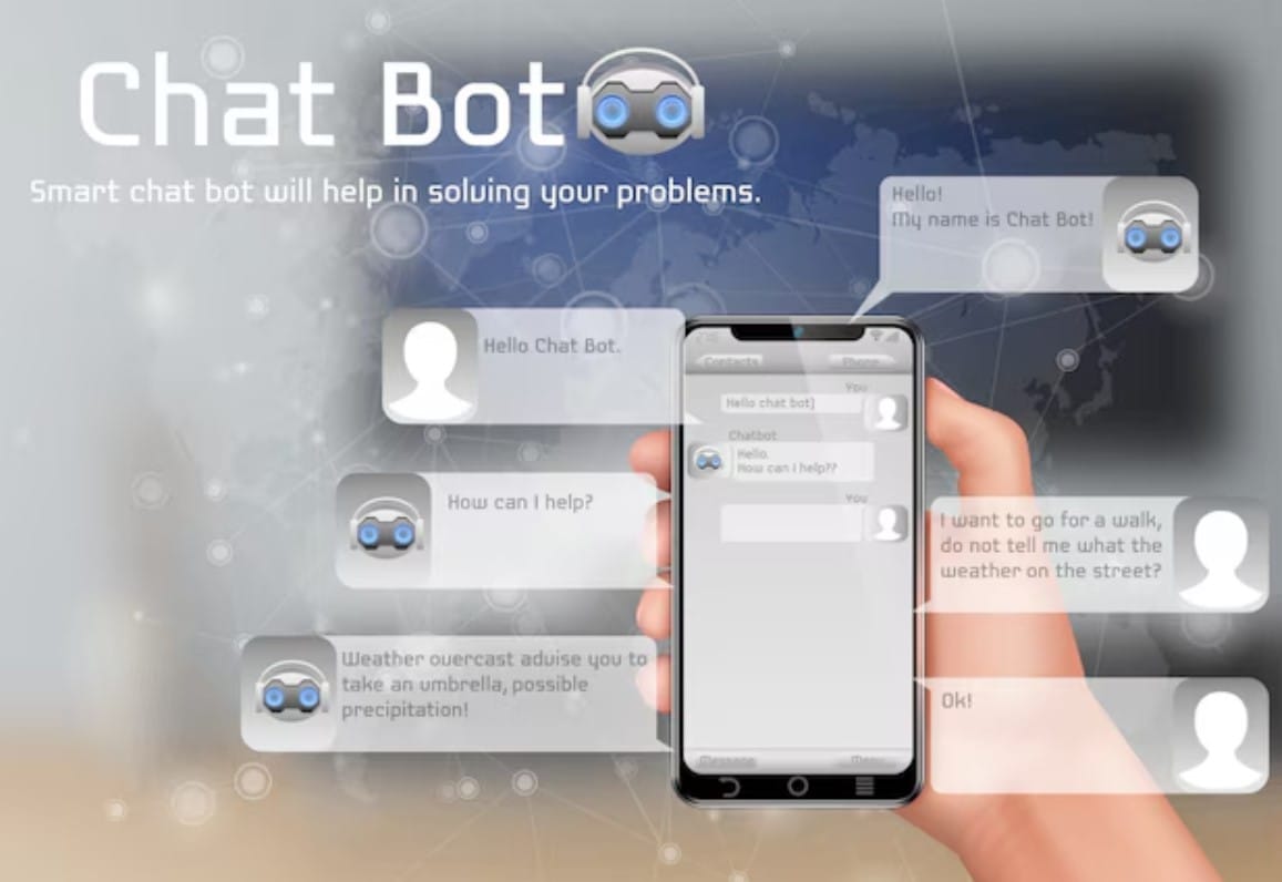 Como implementar a IA na experiência do cliente? Fundo do conceito chatbot on-line. Mão humana, segurando, smartphone