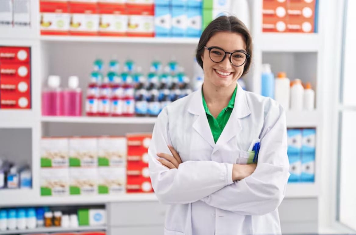 Guia rápido de marketing digital para área da saúde Farmacêutica jovem hispânica sorrindo