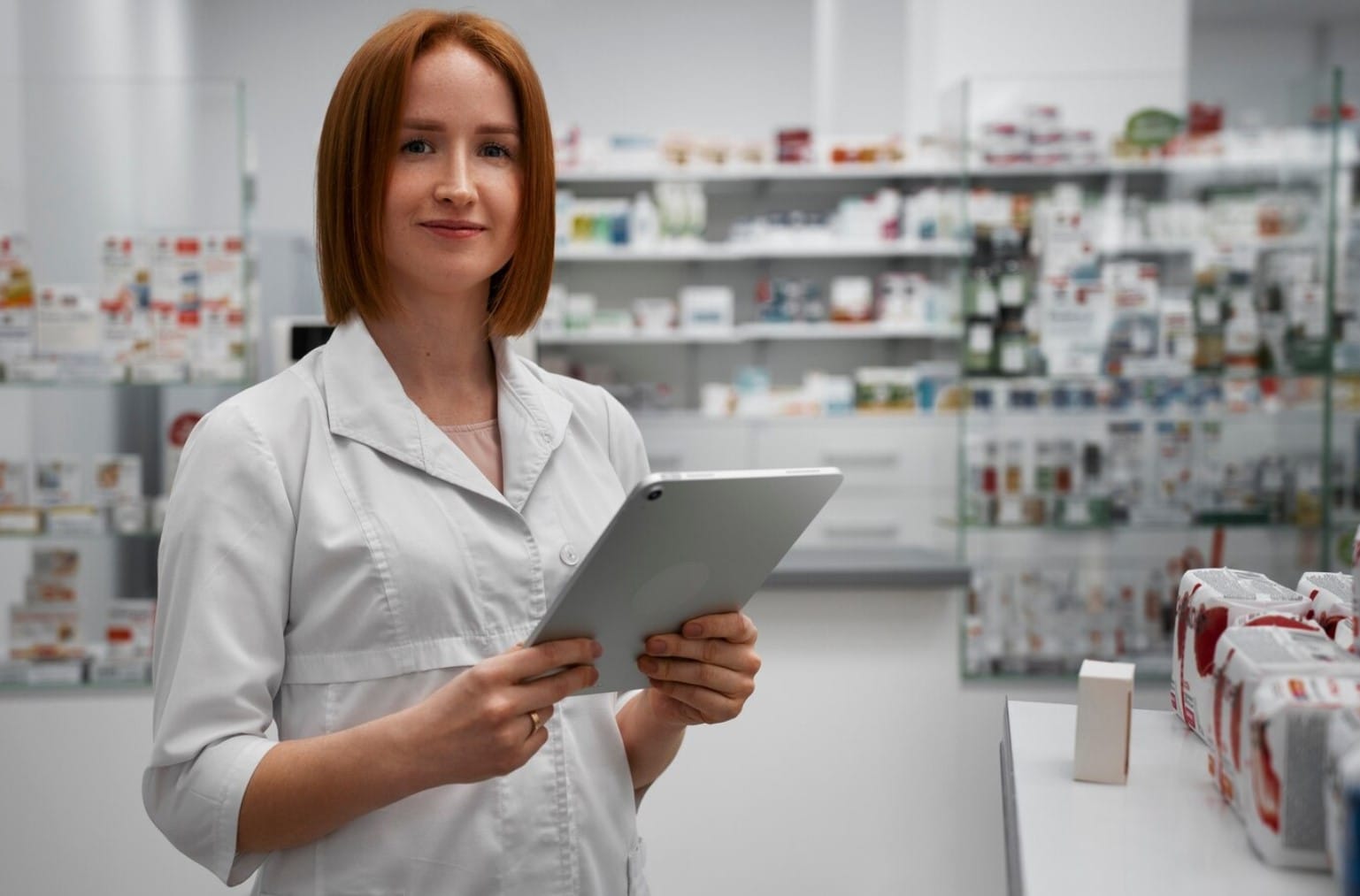 O que muda no marketing farmacêutico com a IA Farmacêutico feminino trabalhando com tablet na farmácia