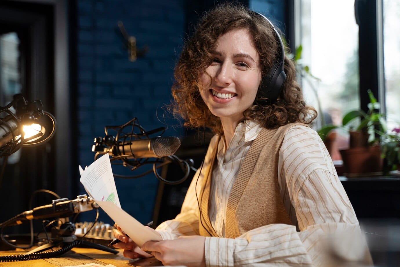 Por que os videocasts estão dominando o marketing? Mulher usando fones de ouvido executando um podcast