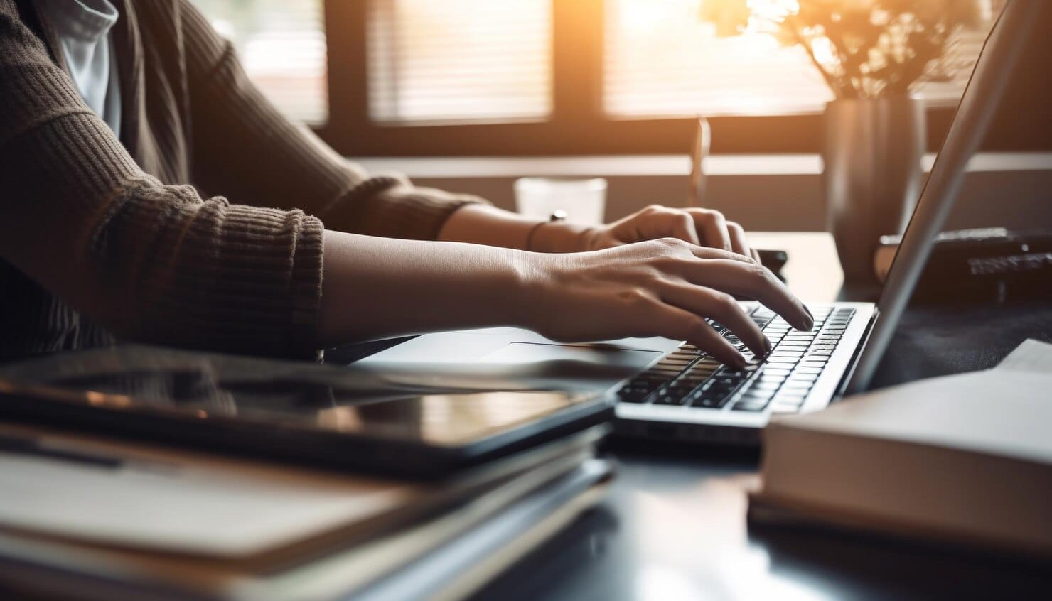 Uma empresária sentada à mesa usando um laptop gerado por IA 