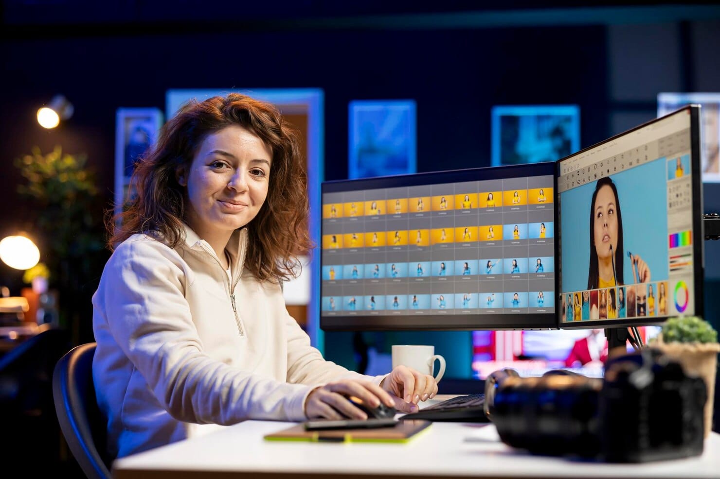 Retrato de um editor de fotos feliz navegando por imagens
