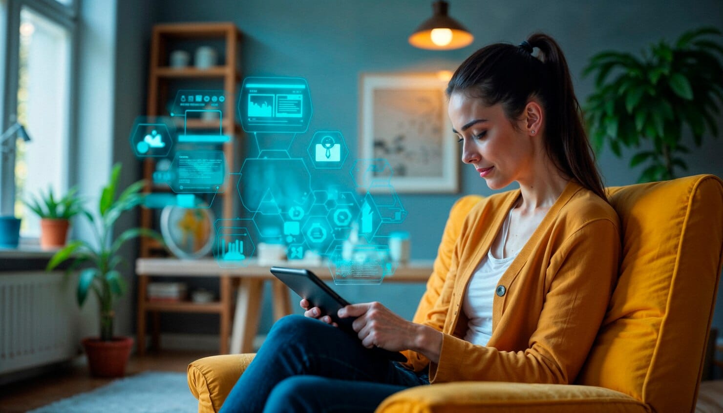 Mulher usando um tablet em casa
