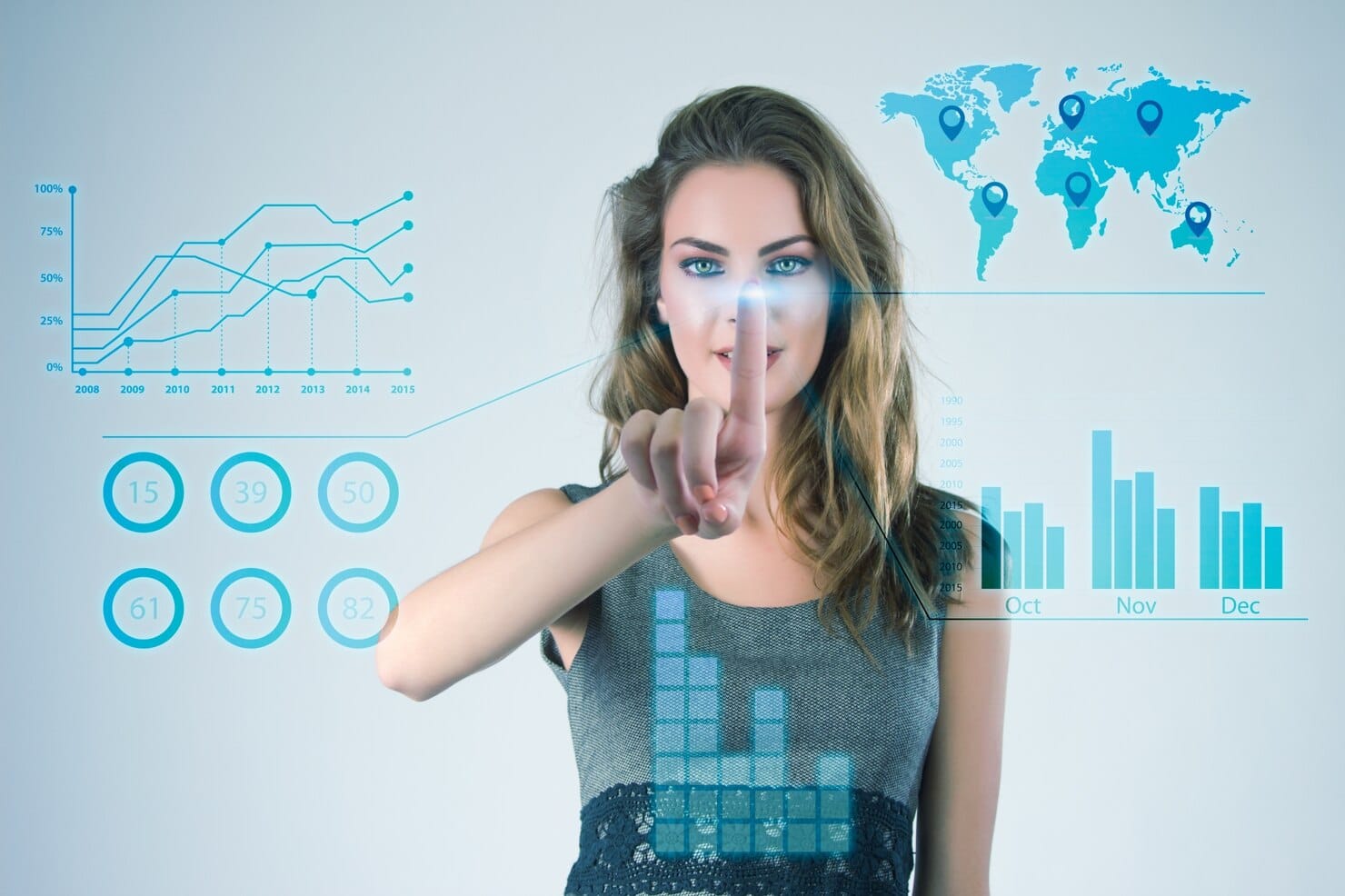 Por dentro do Marketing 7.0: tecnologias e impactos nos negócios Executiva, trabalhando, modernos, virtual, tecnologias, mãos, tocando, tela