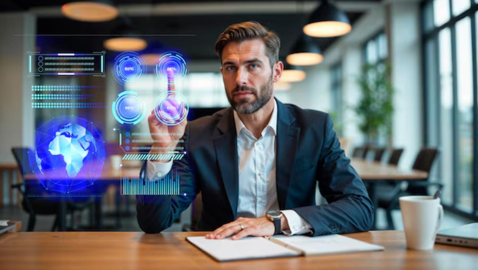 Empresário usando tecnologia futurista com interface digital
