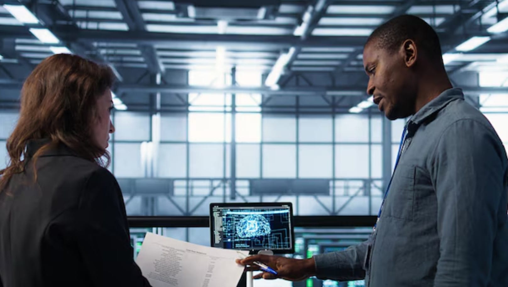 Equipa de profissionais de TI analisando a papelada da lista de verificação do centro de dados
