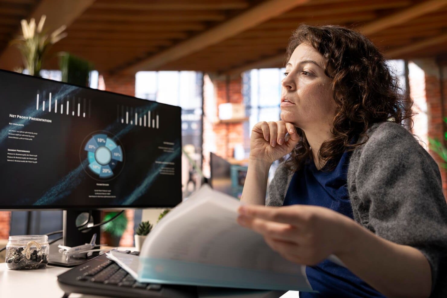 Jovem analista de empresa no escritório a ver uma apresentação de negócios no PC