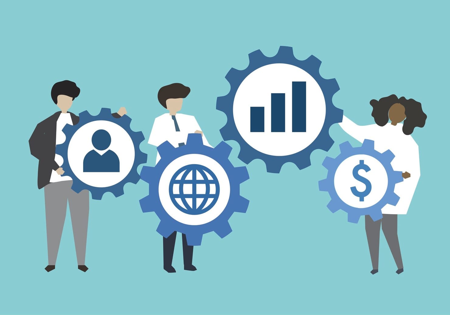 Pessoas negócio, conectando, com, engrenagens, ilustração