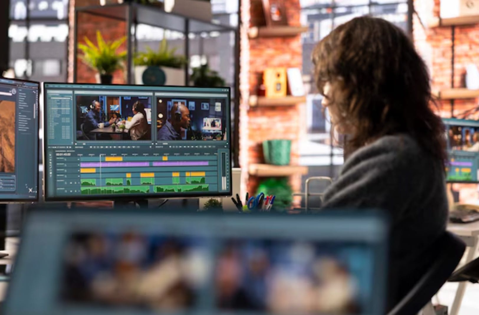 Realizadora de filmes trabalhando em pós-produção de mídia do escritório da agência