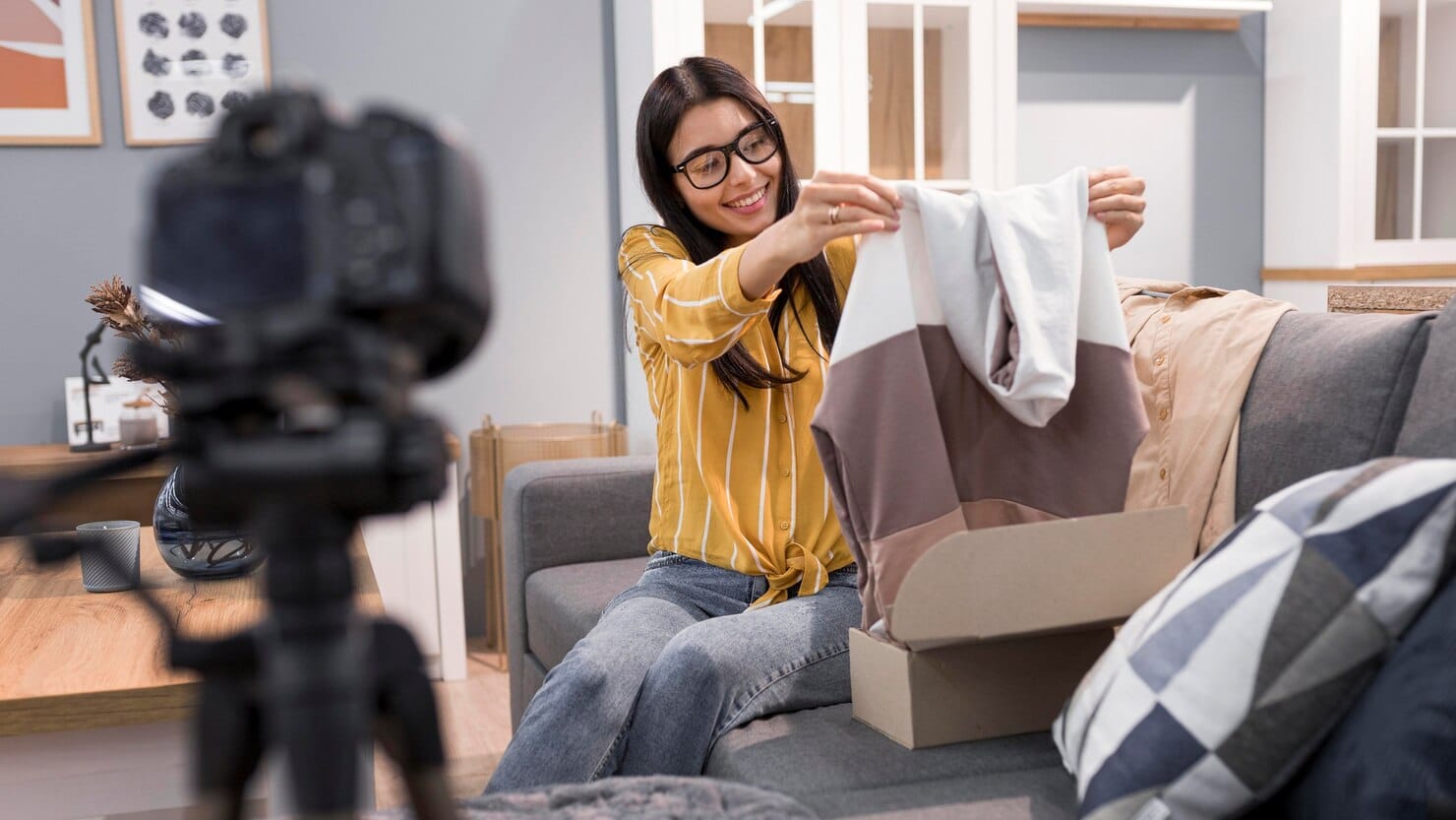 Vlogger em casa desembalando roupas